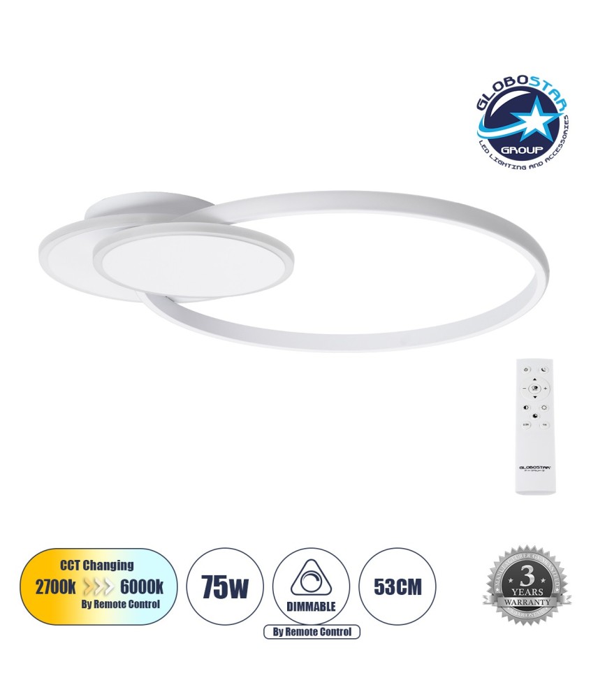 GLOBOSTAR® CIRCUO 61230 Μοντέρνο Φωτιστικό Οροφής LED 75W 8400lm 360° AC 220-240V IP20 Ρυθμιζόμενο Λευκό CCT με Χειριστήριο από 2700K έως 6000K Dimmable - Lumileds SMD Chip - Λευκό Ματ - Μ53 x Π42.5 x Υ9cm - 3 Χρόνια Εγγύηση